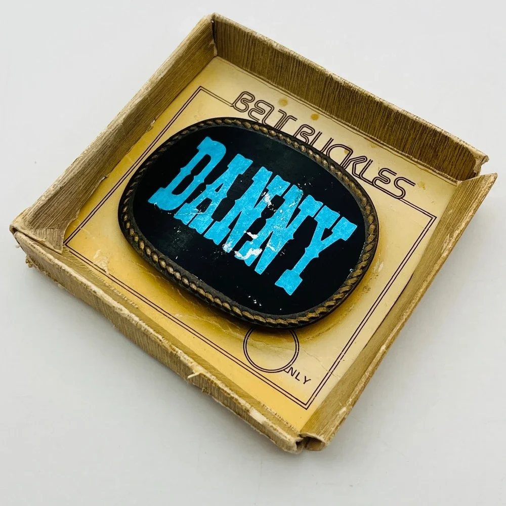 Vintage Danny Name Belt Buckle Blue‎ Western Font Black Oval Rope Border Boxed